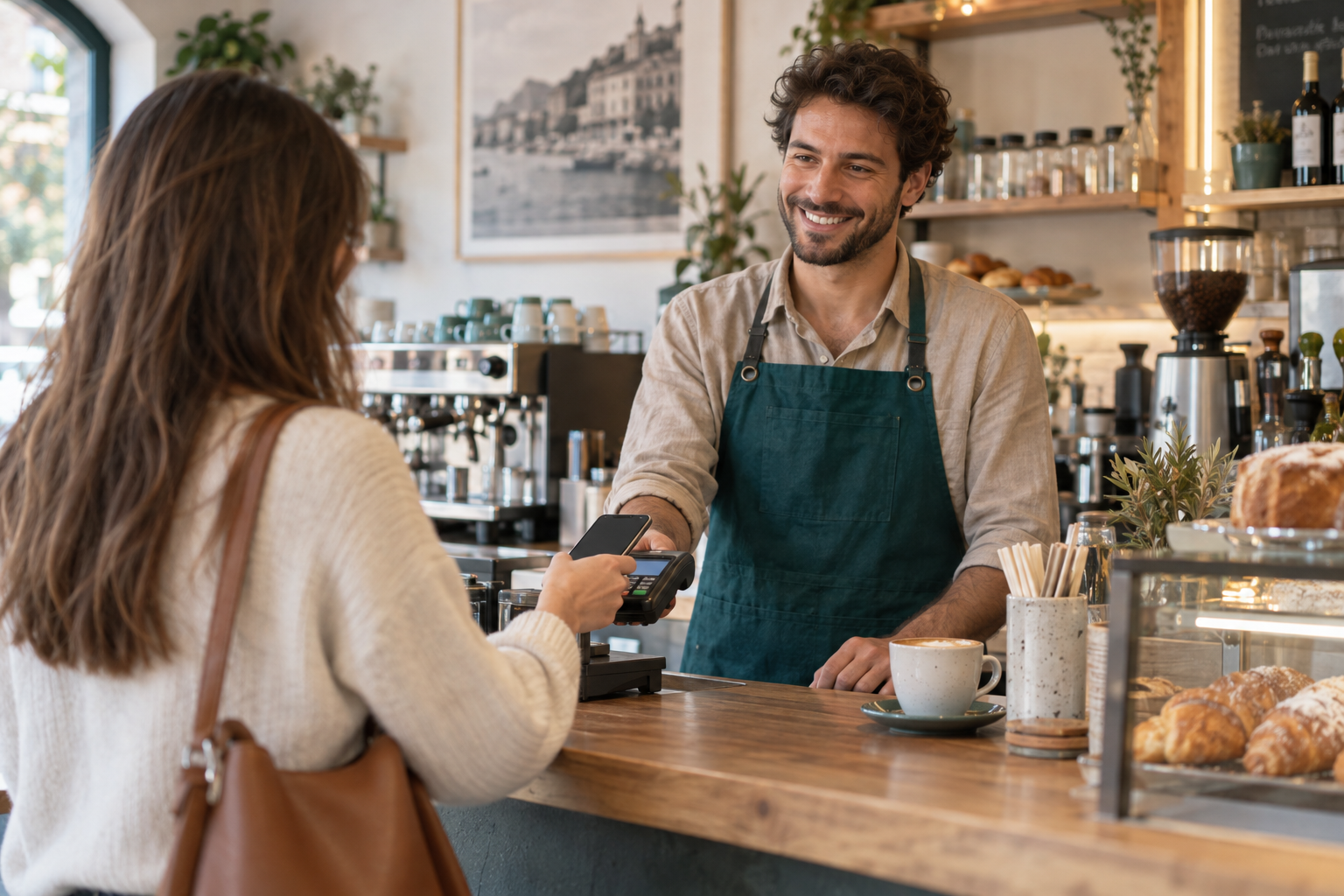 Una cliente effettua un acquisto digitale in un bar