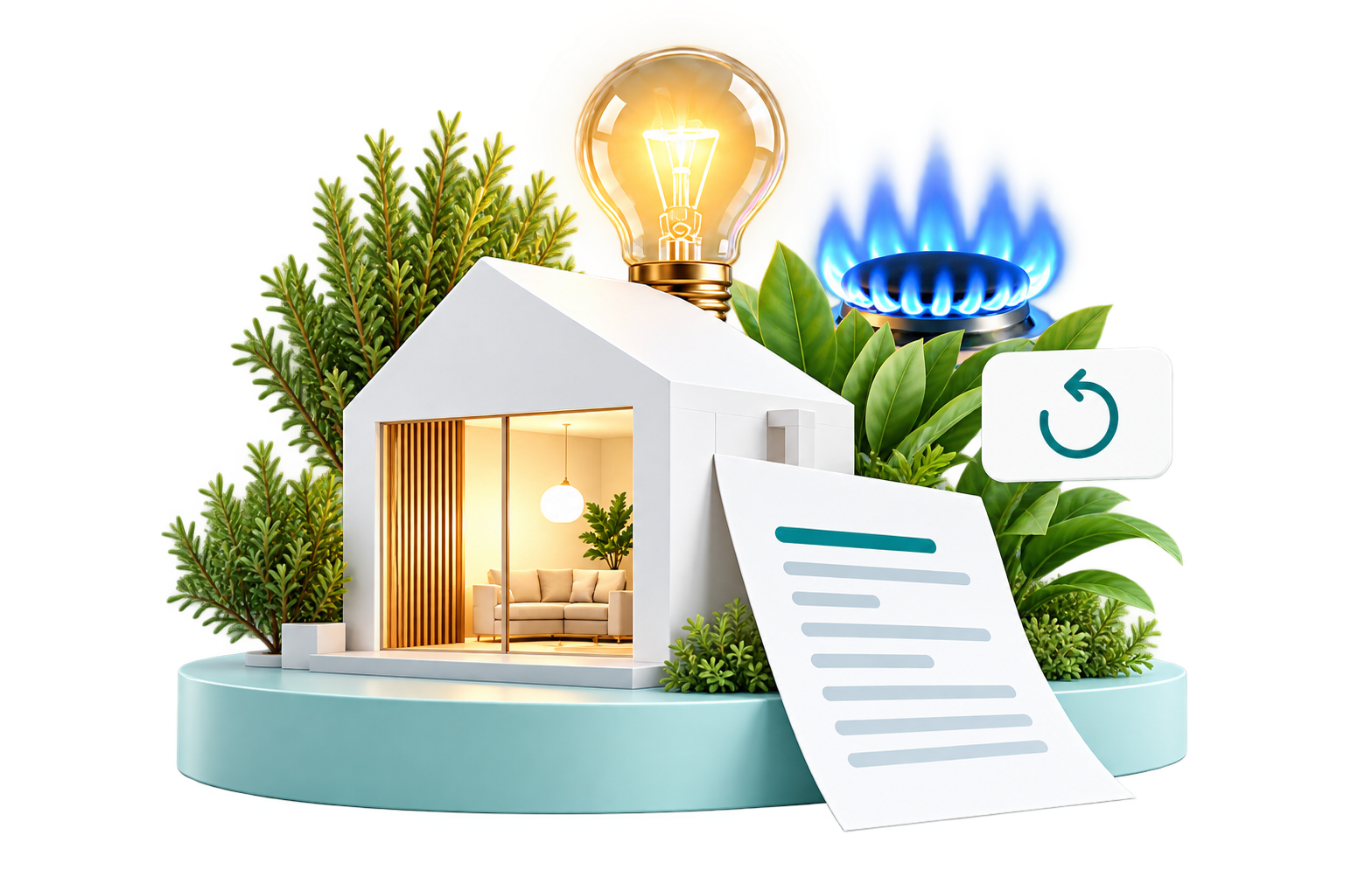 Casa moderna con lampadina, fiamma del gas, bolletta e simbolo cashback