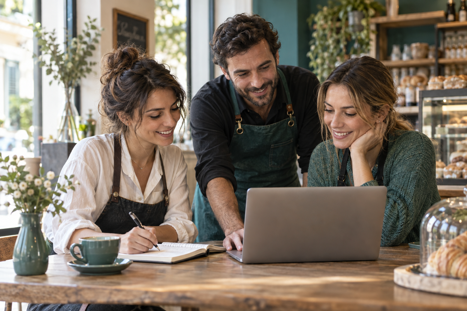 Tre professionisti collaborano attorno a un computer